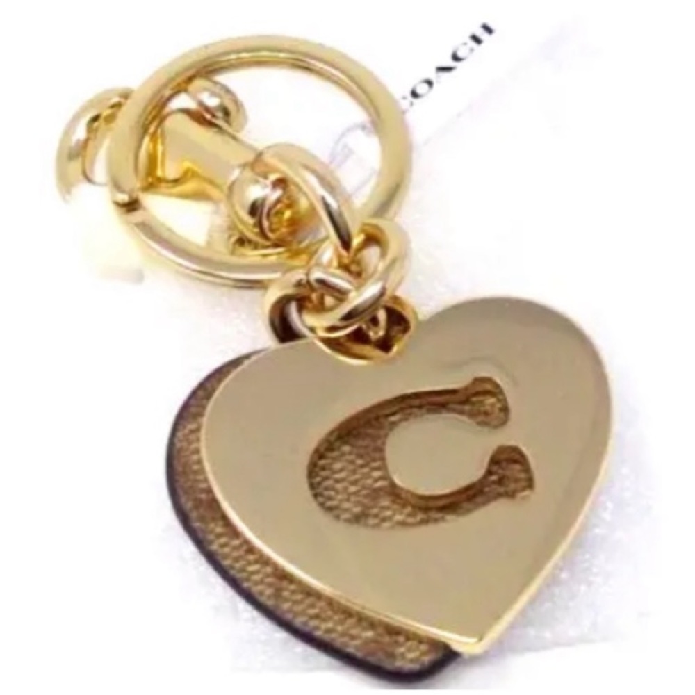 NWT Coach Classic Khaki & Gold Signature Cs Heart Keychain Purse Charm